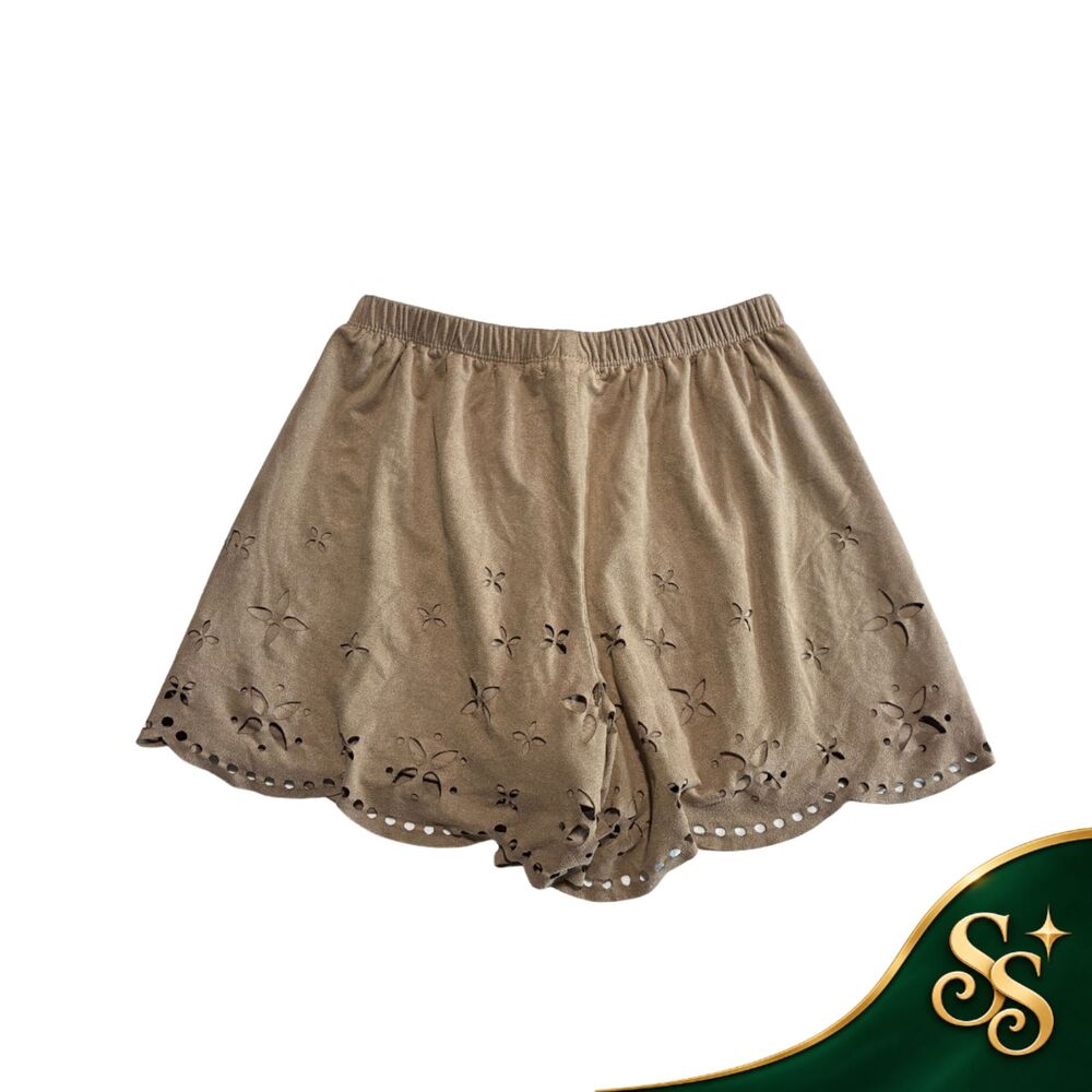 Shorts Beige L Floral Cutout Elastic Waist Boho Scallop Hem